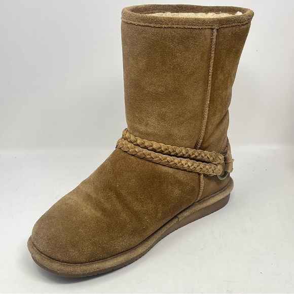 BearPaw Adele Boots Womens 9 Brown Tan Suede Fur Lined Mid Calf Braided Strap - Picture 8 of 16